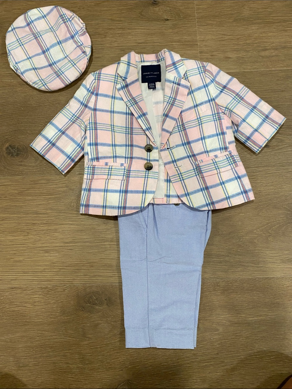 Janie and Jack Boy Soft Pink Plaid Linen Blazer, Matching Hat, and pant set